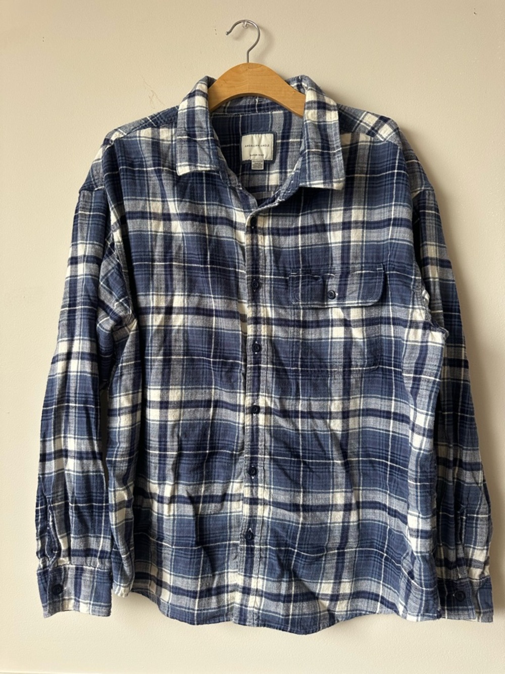 American‎ Eagle Outfitters Navy and White Plaid Button-Down Shirt XXL Super Soft
